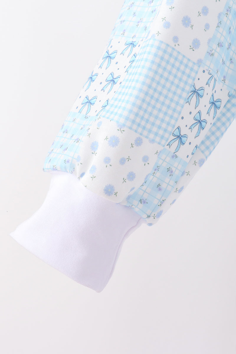 Blue floral bow checkered mom&me pants set - Aaria Tees Aaria Tees