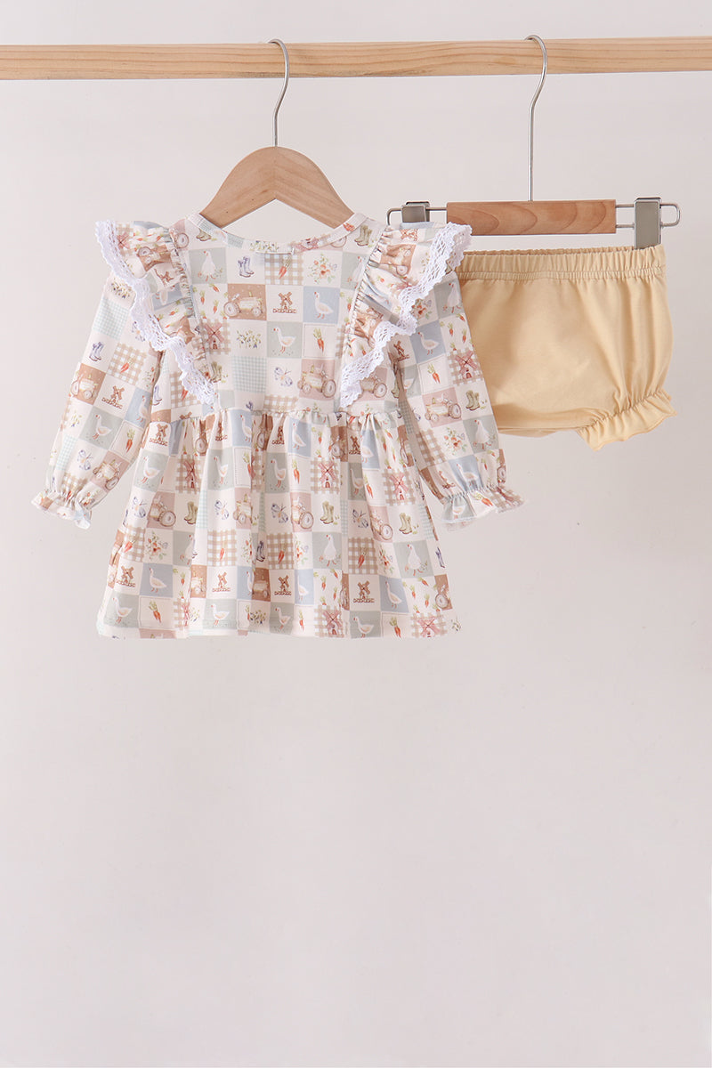 Khaki farm checkered ruffle bloomer set - Aaria Tees Aaria Tees