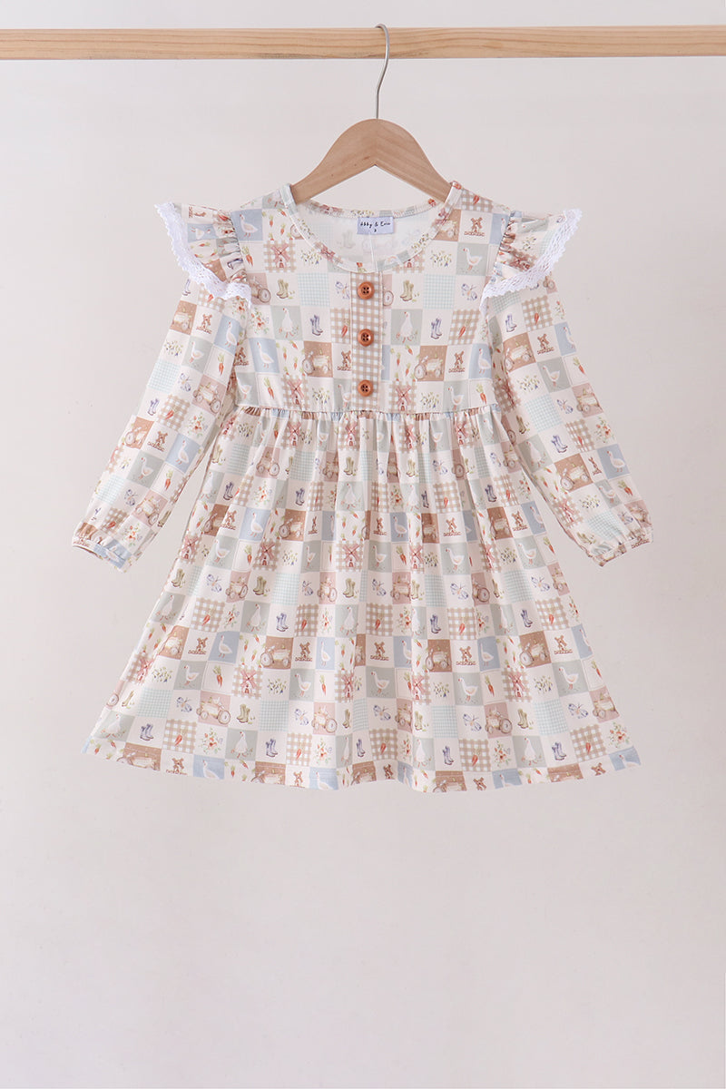 Khaki farm checkered ruffle dress - Aaria Tees