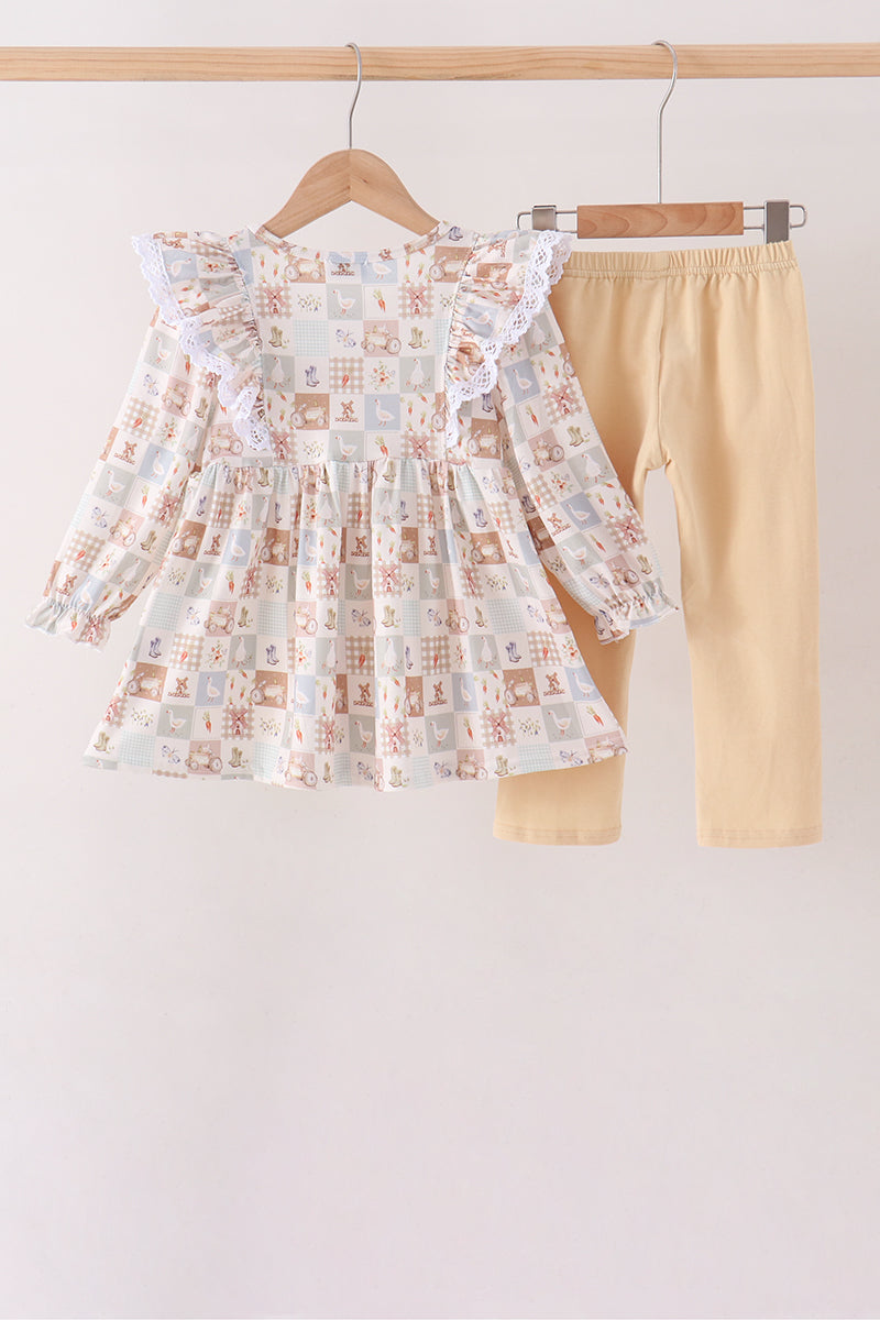 Khaki farm checkered ruffle pants set - Aaria Tees Aaria Tees