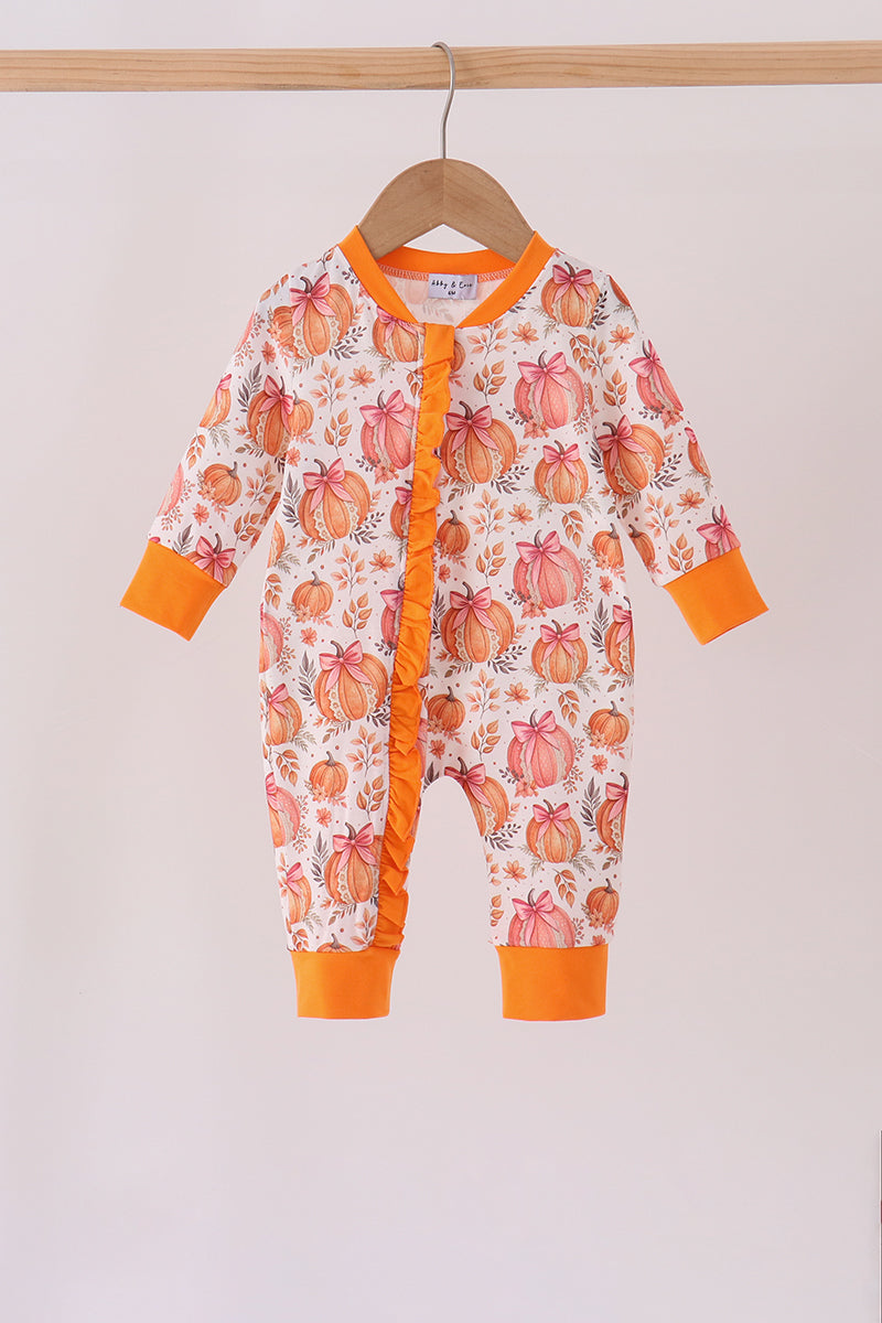 Orange Pumpkin Print Ruffle Romper - Aaria Tees Aaria Tees