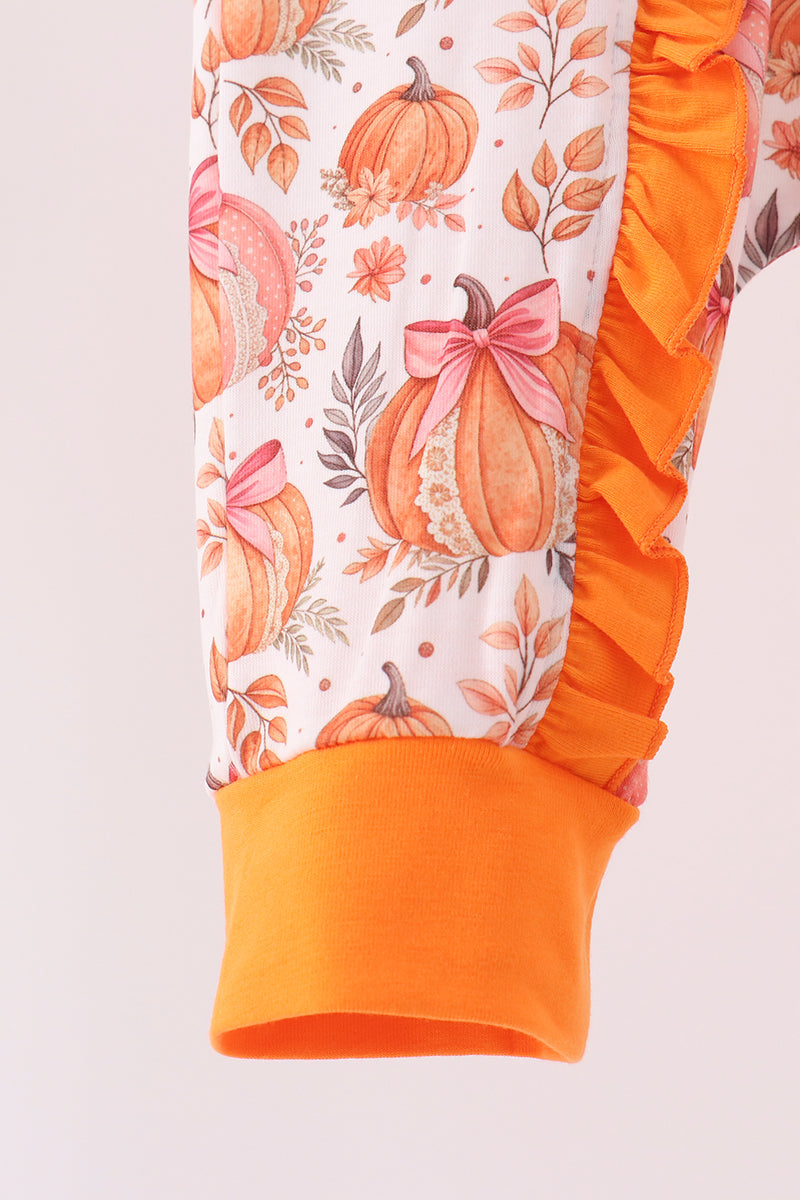 Orange Pumpkin Print Ruffle Romper - Aaria Tees Aaria Tees