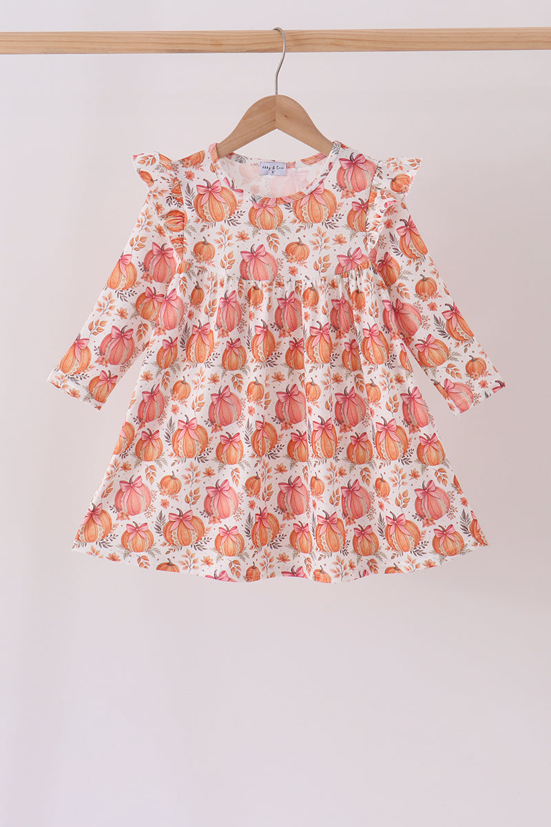 Orange Pumpkin Print Ruffle Dress - Aaria Tees