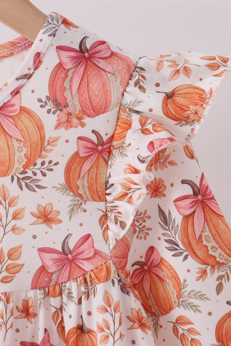 Orange Pumpkin Print Ruffle Dress - Aaria Tees Aaria Tees