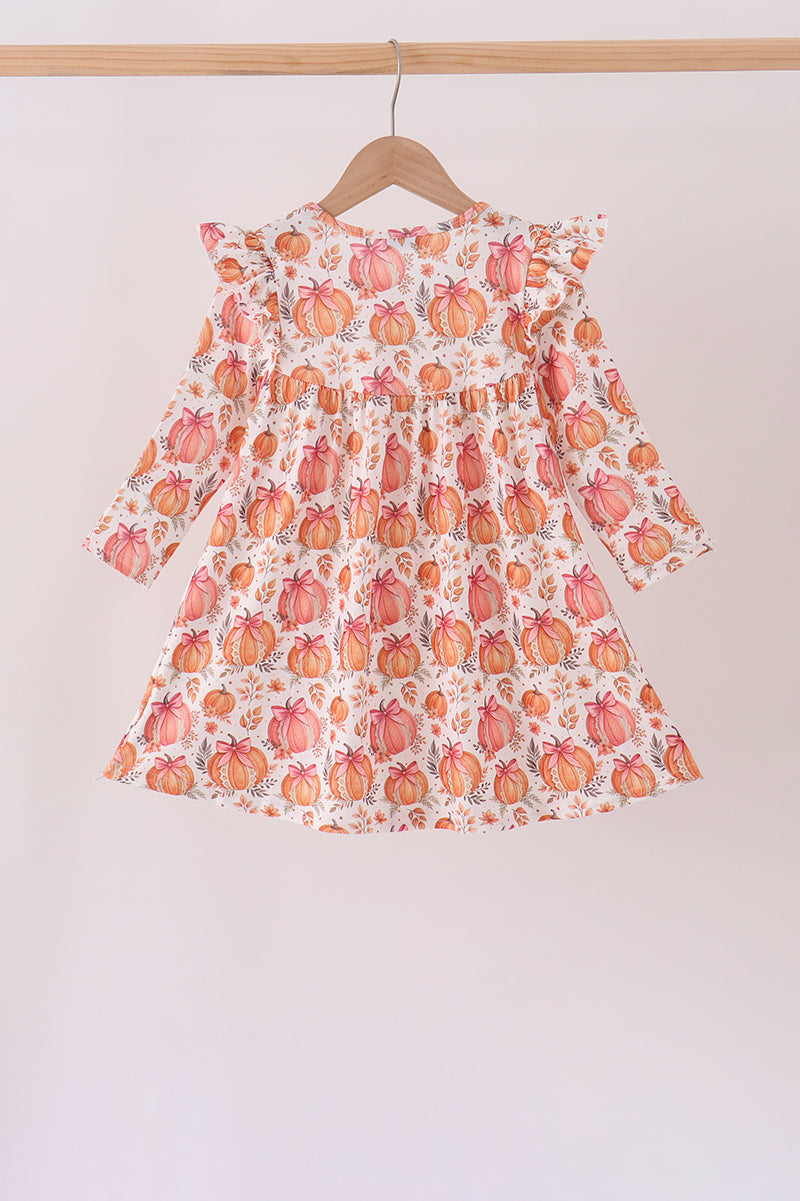 Orange Pumpkin Print Ruffle Dress - Aaria Tees Aaria Tees