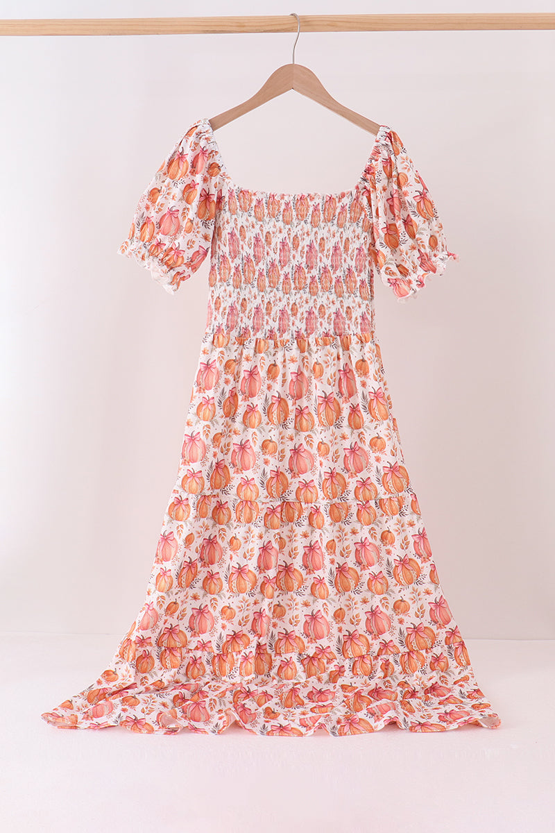Orange Pumpkin Print Smocked Mom Dress - Aaria Tees