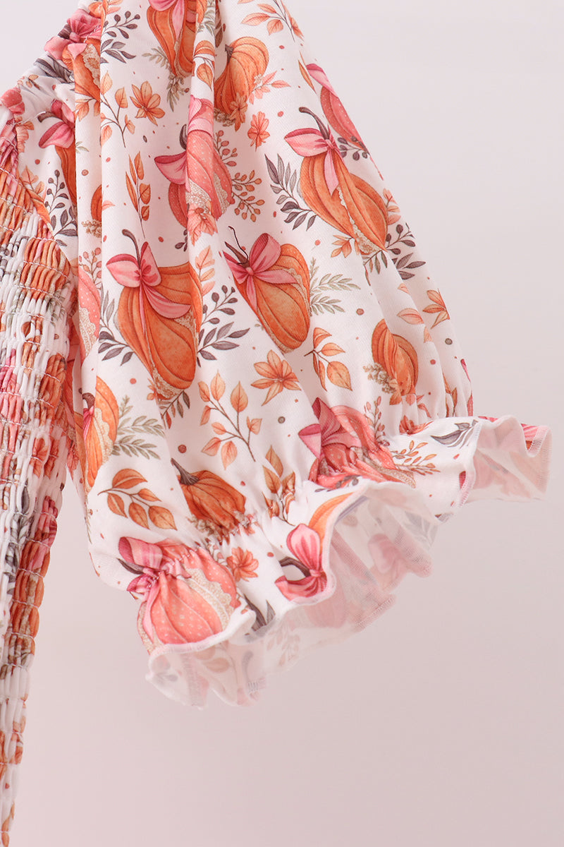 Orange Pumpkin Print Smocked Mom Dress - Aaria Tees Aaria Tees
