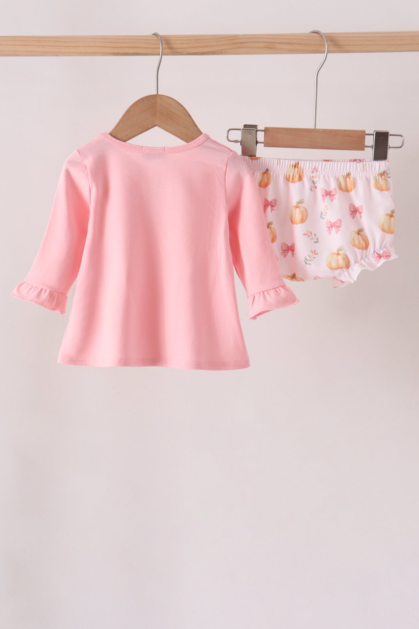 Pink pumpkin bow embroidery ruffle bloomer set - Aaria Tees Aaria Tees
