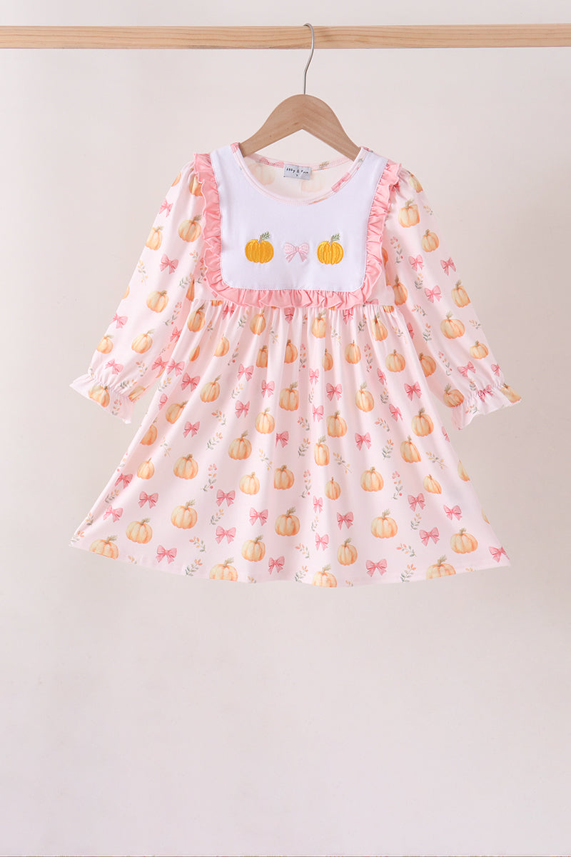 Pink pumpkin bow embroidery ruffle dress - Aaria Tees Aaria Tees