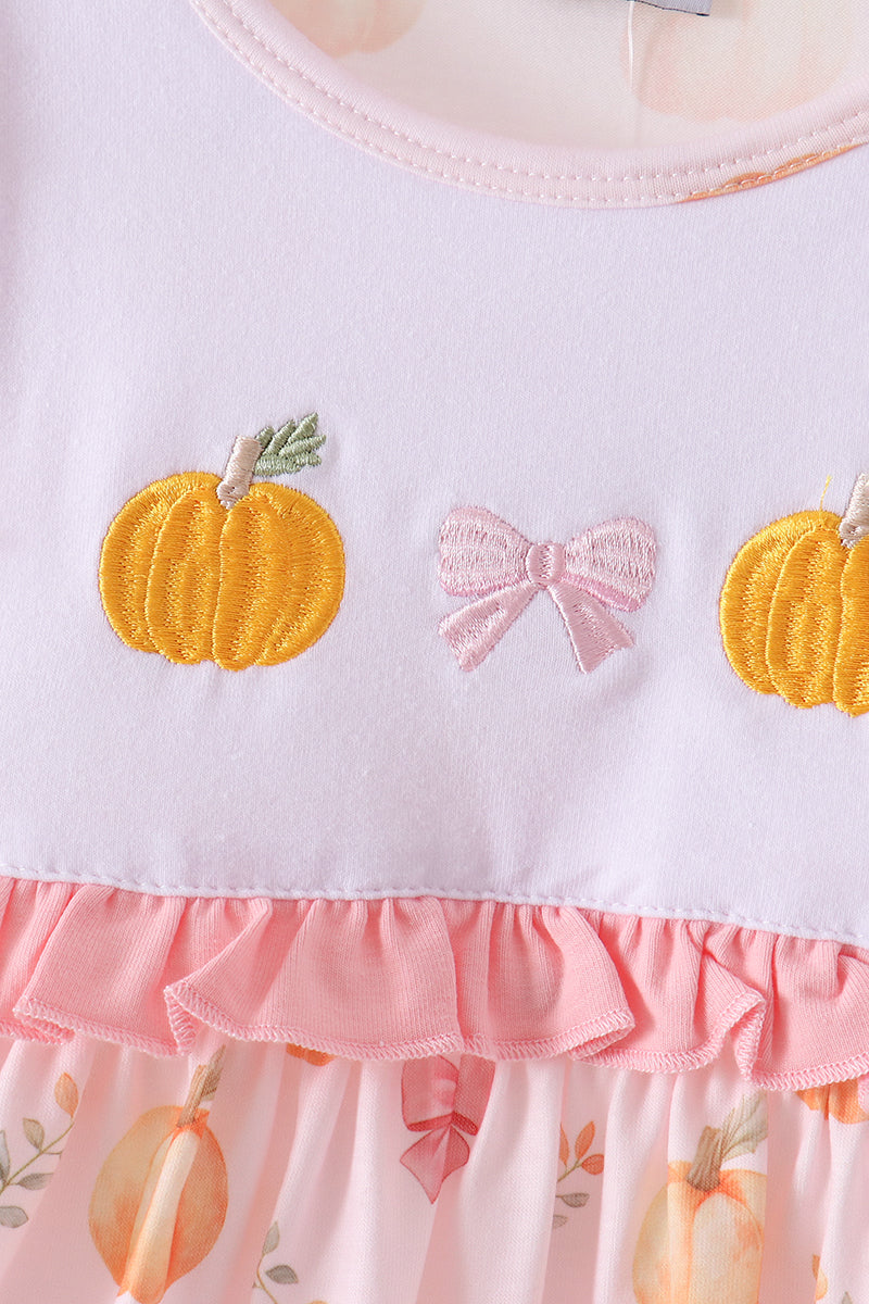 Pink pumpkin bow embroidery ruffle dress - Aaria Tees Aaria Tees
