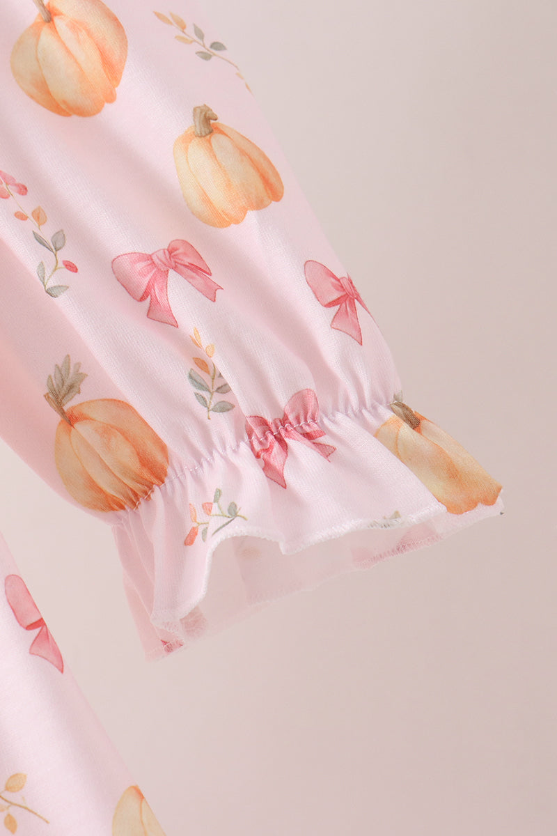 Pink pumpkin bow embroidery ruffle dress - Aaria Tees Aaria Tees