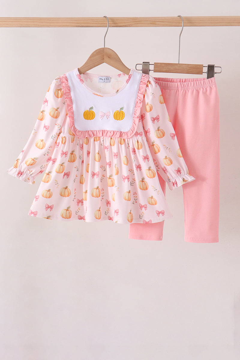 Pink pumpkin bow embroidery ruffle pants set - Aaria Tees