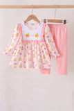 Pink pumpkin bow embroidery ruffle pants set - Aaria Tees Aaria Tees