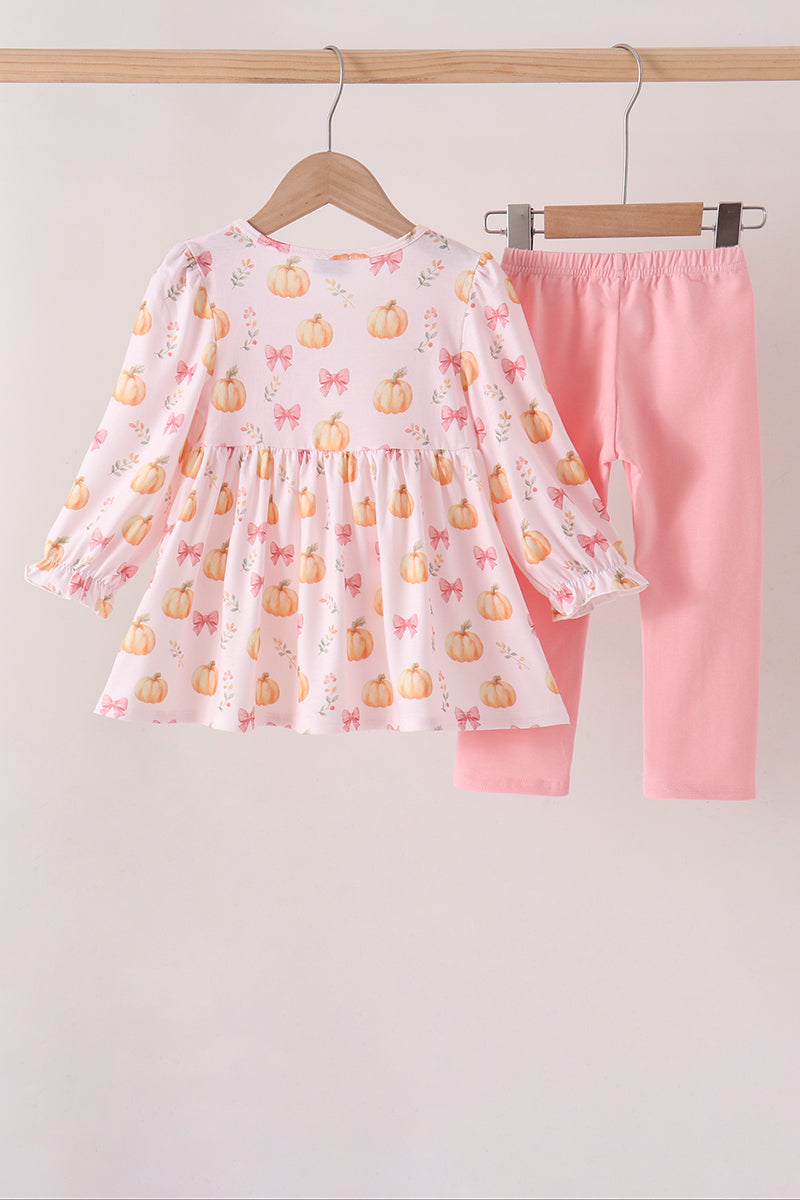 Pink pumpkin bow embroidery ruffle pants set - Aaria Tees Aaria Tees