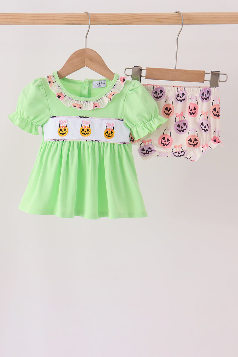 Green Jack-O-Lantern embroidery ruffle bloomer set - Aaria Tees