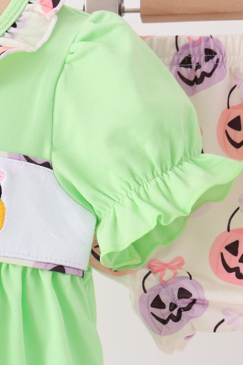 Green Jack-O-Lantern embroidery ruffle bloomer set - Aaria Tees Aaria Tees
