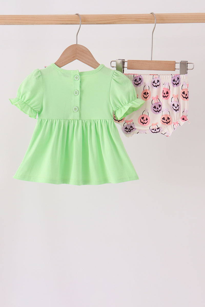 Green Jack-O-Lantern embroidery ruffle bloomer set - Aaria Tees Aaria Tees