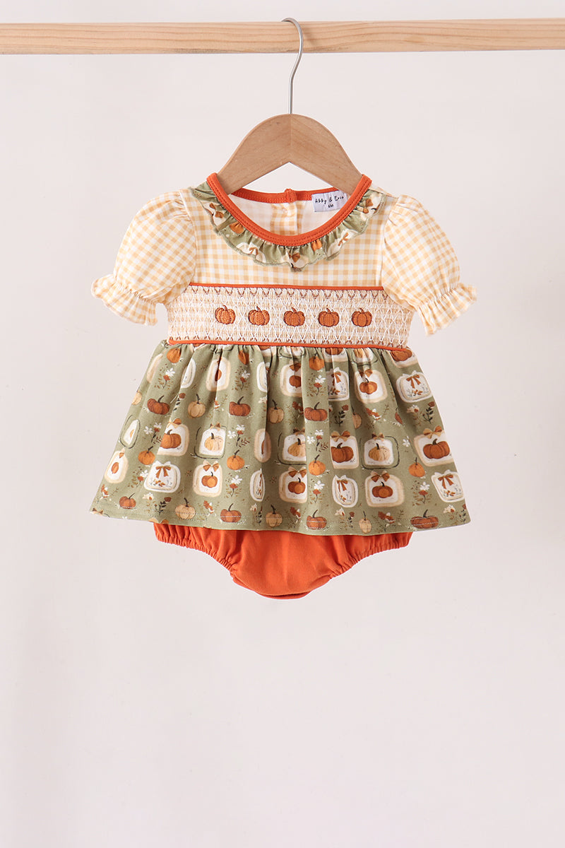 Vintage pumpkin smocked ruffle bubble - Aaria Tees Aaria Tees