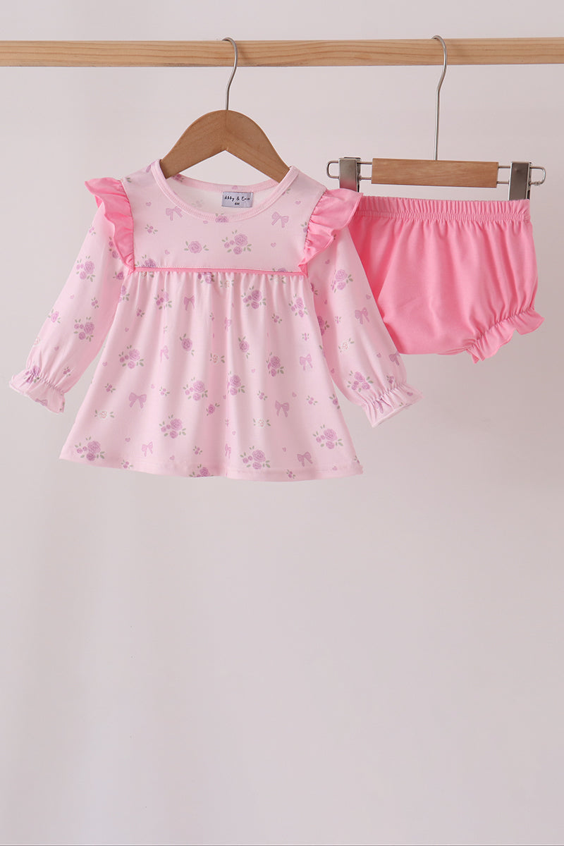 Pink floral bow ruffle bloomer set - Aaria Tees Aaria Tees