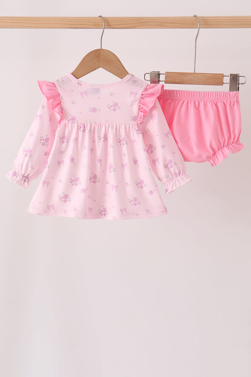 Pink floral bow ruffle bloomer set - Aaria Tees Aaria Tees