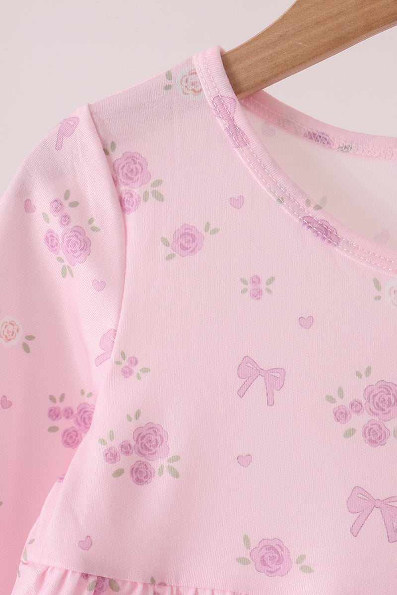 Pink floral bow ruffle dress - Aaria Tees Aaria Tees