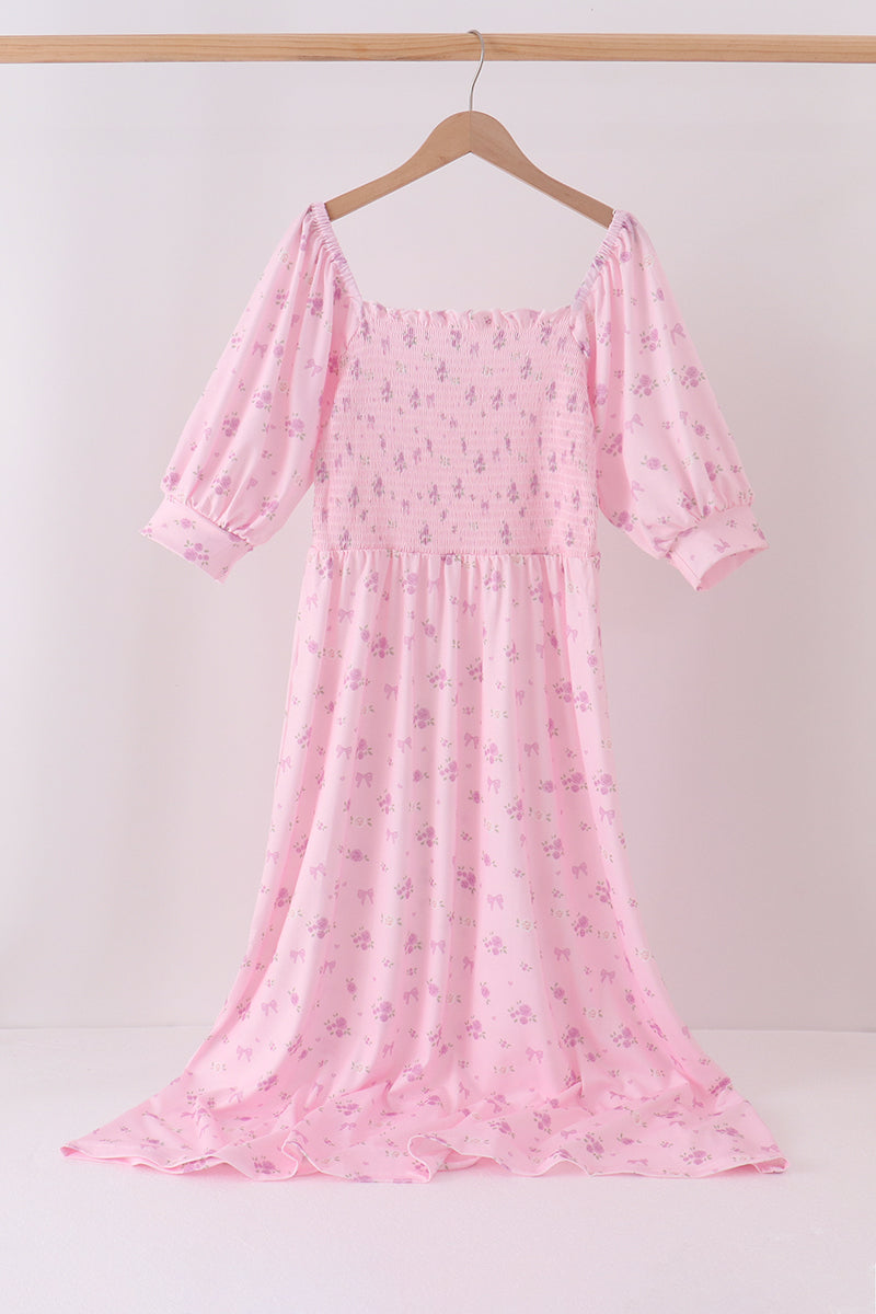 Pink Floral Bow Smocked mom dress - Aaria Tees Aaria Tees