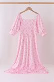 Pink Floral Bow Smocked mom dress - Aaria Tees Aaria Tees