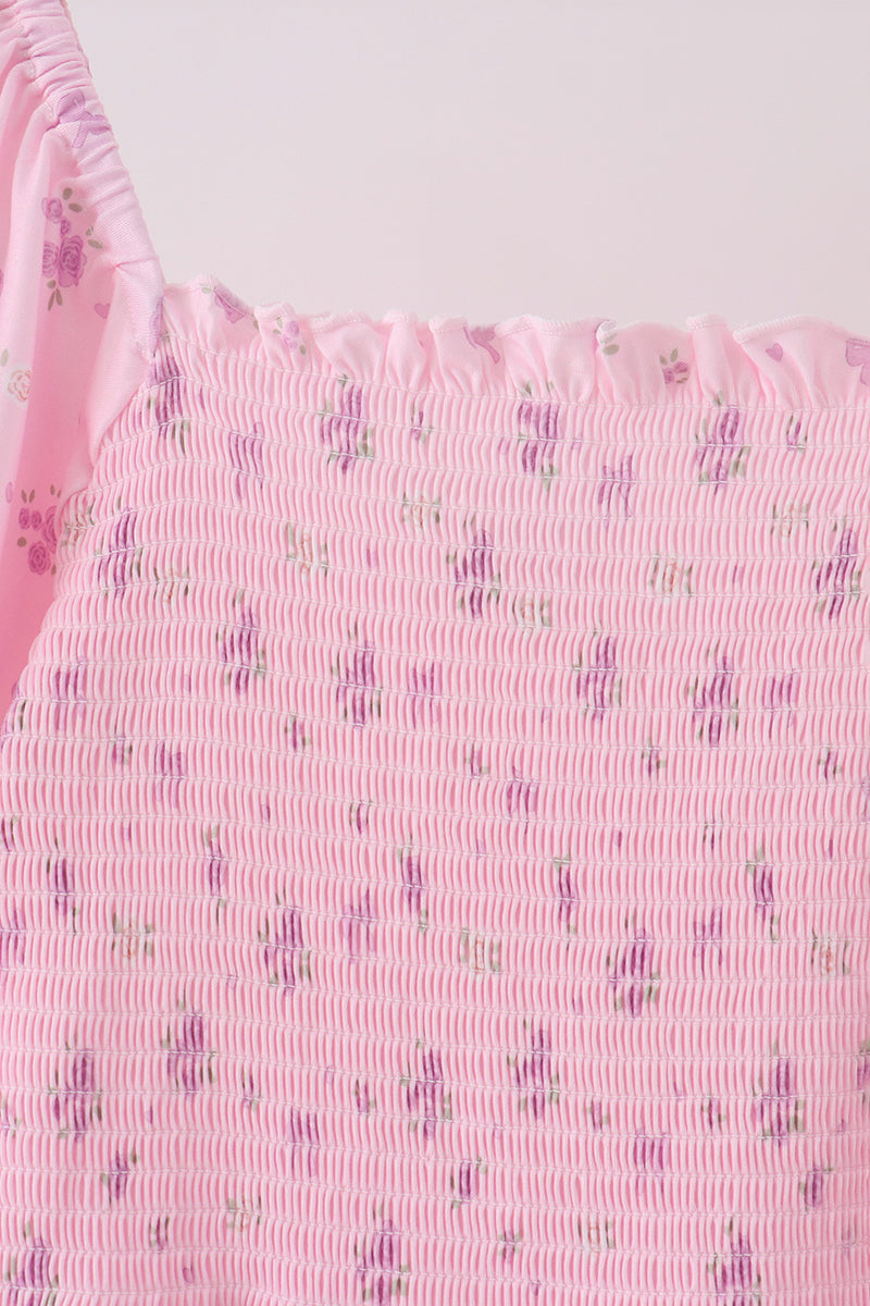 Pink Floral Bow Smocked mom dress - Aaria Tees Aaria Tees