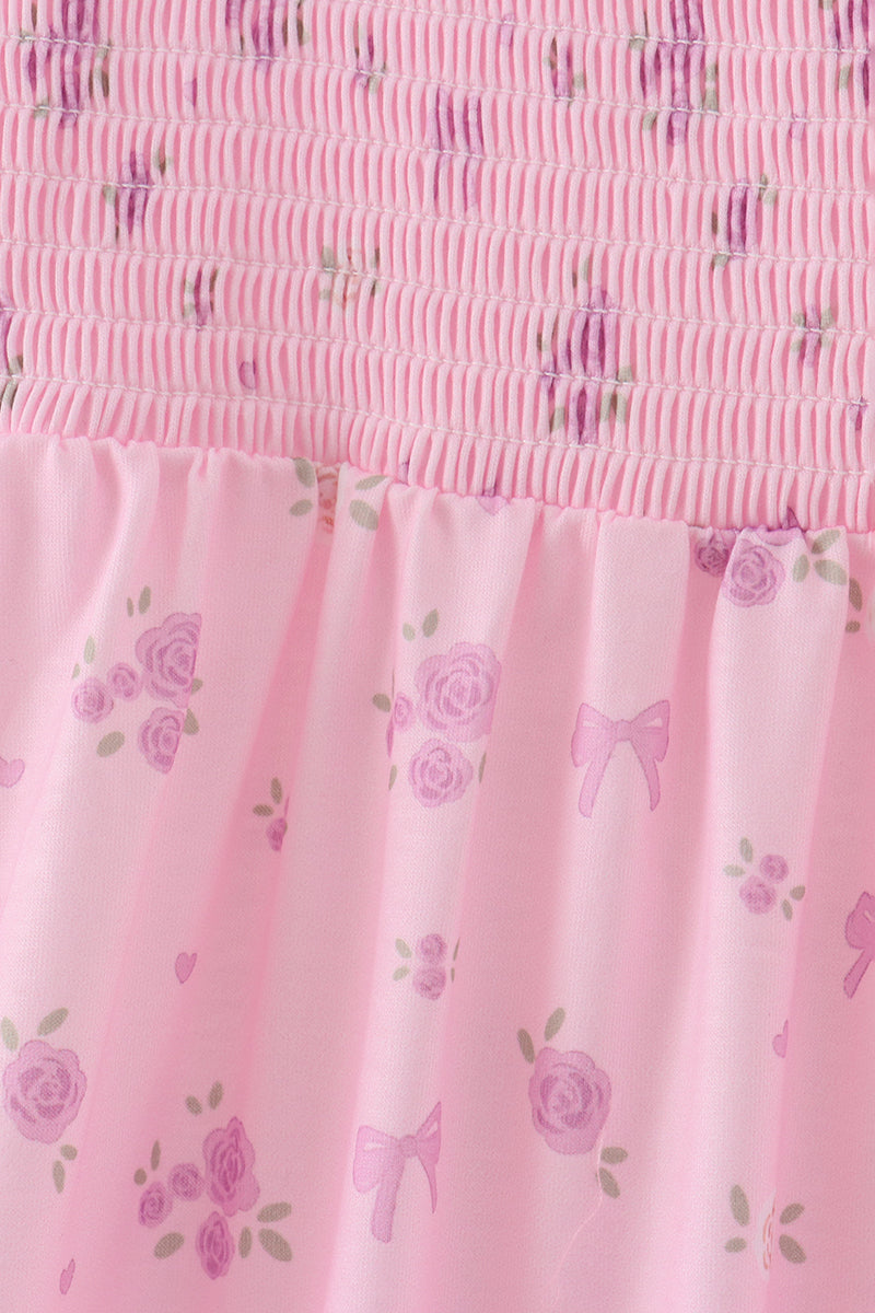 Pink Floral Bow Smocked mom dress - Aaria Tees Aaria Tees