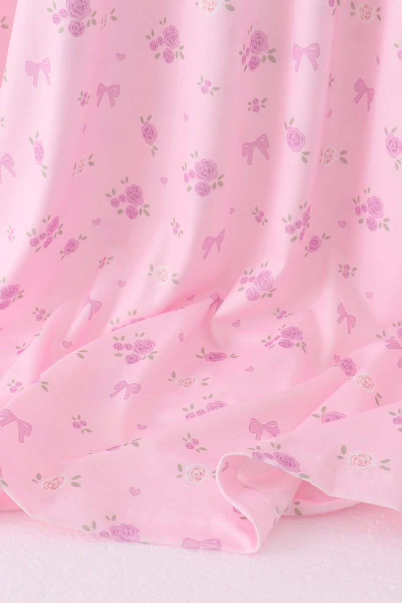 Pink Floral Bow Smocked mom dress - Aaria Tees Aaria Tees