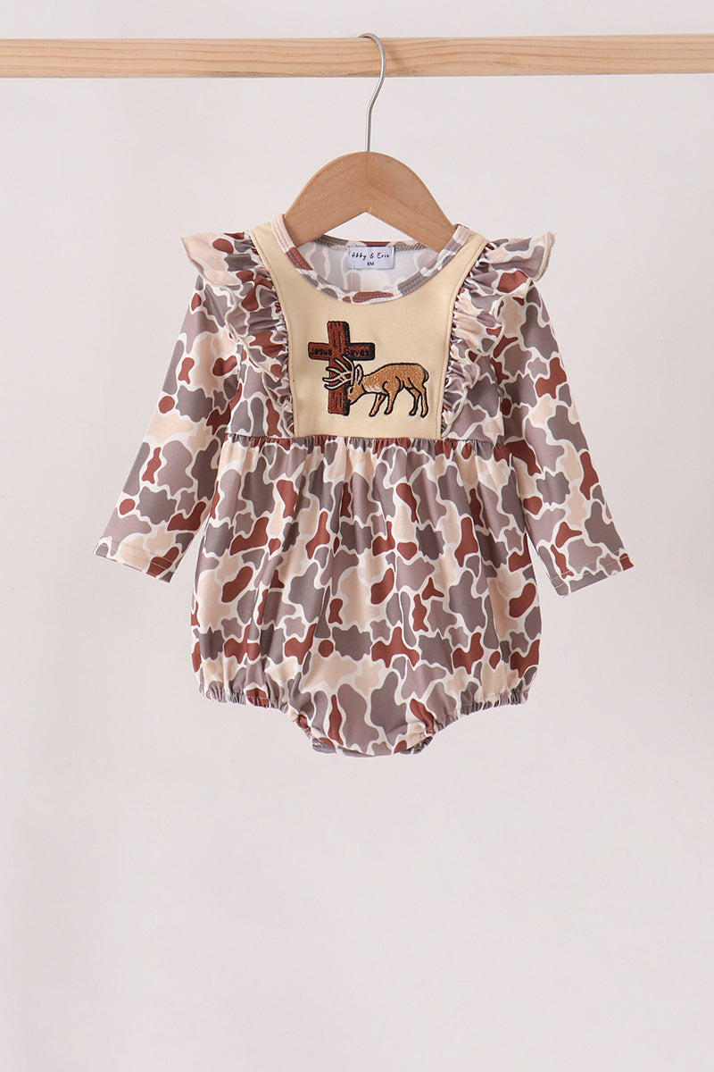 Khaki camoufalge cross deer embroidery ruffle bubble - Aaria Tees Aaria Tees