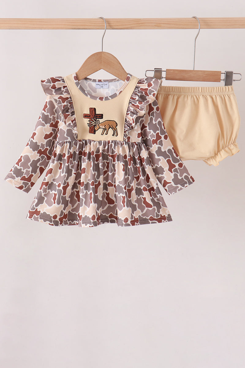 Khaki camoufalge cross deer embroidery ruffle bloomer set - Aaria Tees