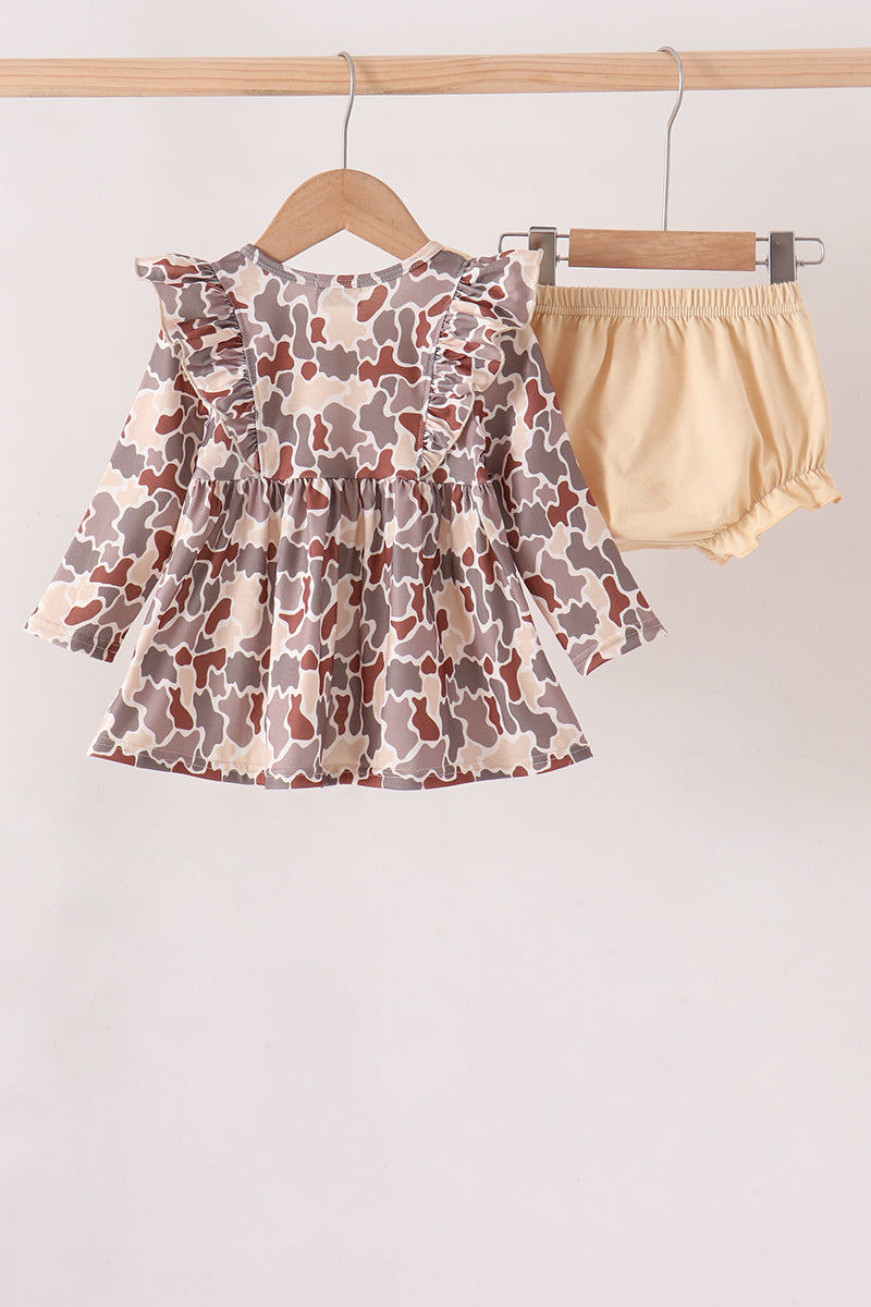 Khaki camoufalge cross deer embroidery ruffle bloomer set - Aaria Tees Aaria Tees