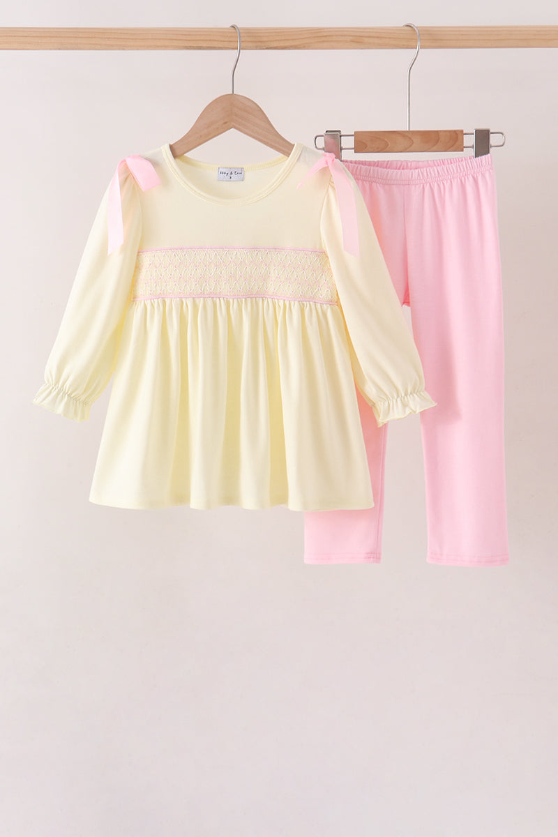 Cream smocked bow pants set - Aaria Tees