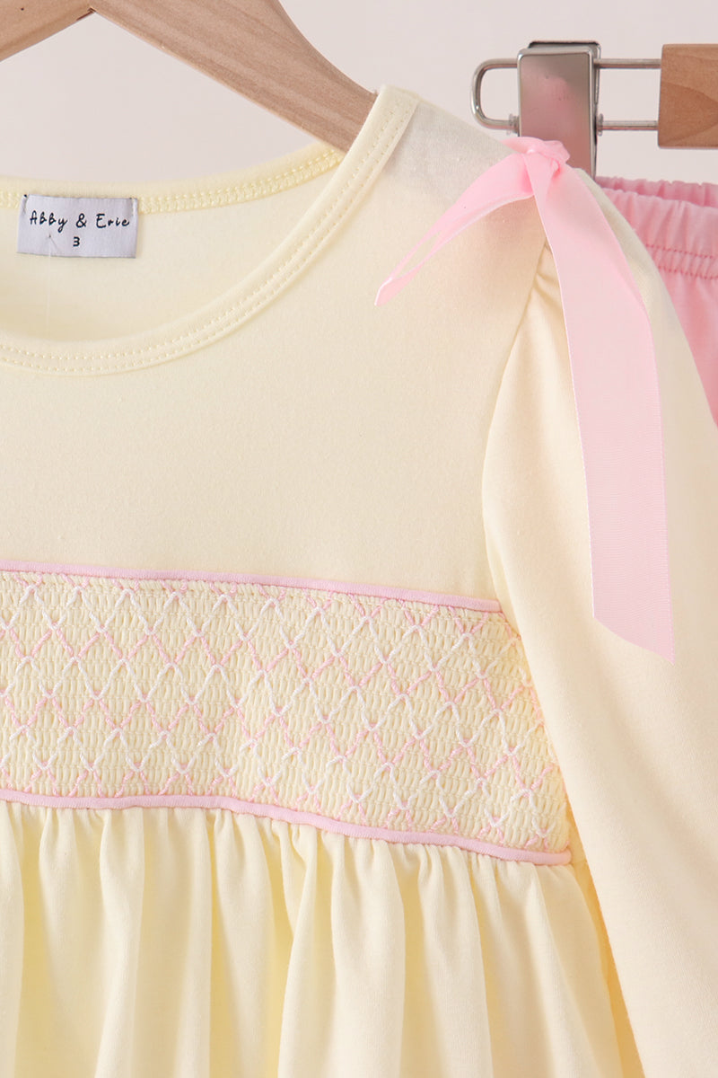 Cream smocked bow pants set - Aaria Tees Aaria Tees