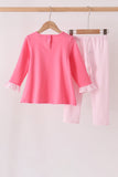 Pink sweet as pie embroidery ruffle pants set Aaria Tees