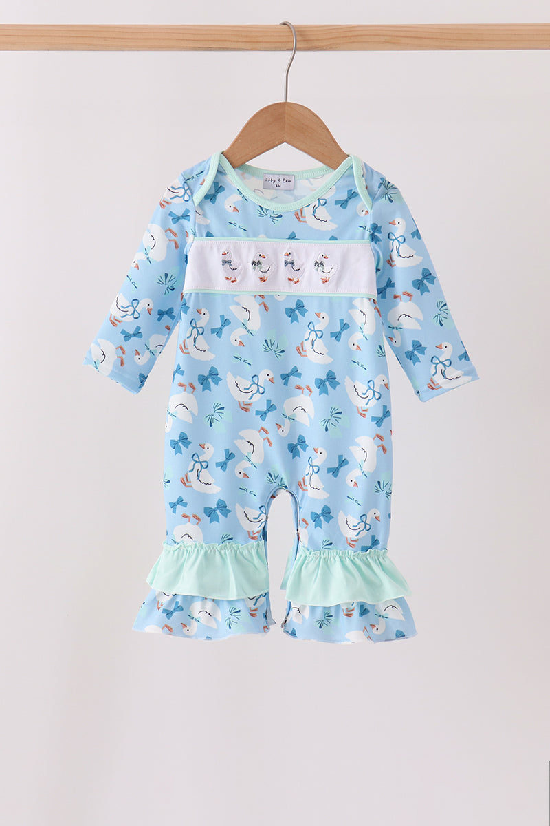 Blue goose bow embroidery ruffle romper - Aaria Tees Aaria Tees
