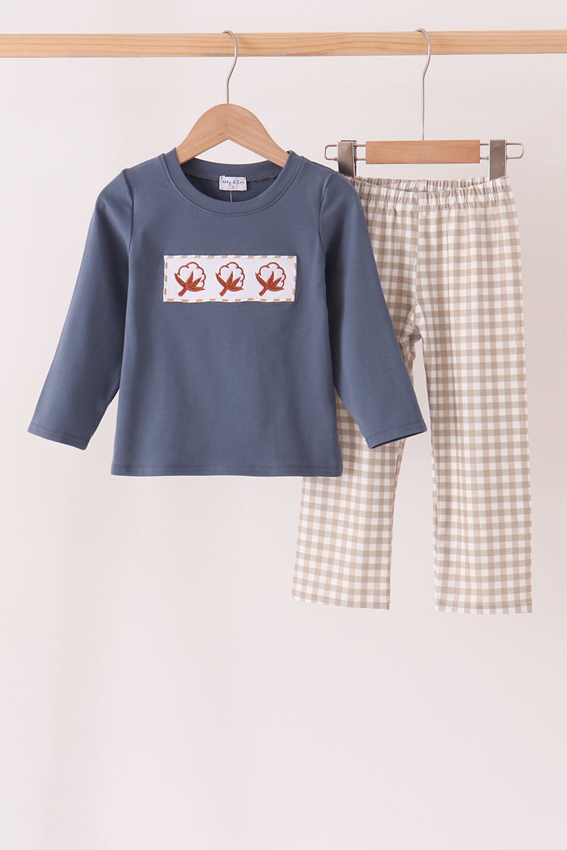 Teal cotton embroidery gingham pants set - Aaria Tees Aaria Tees