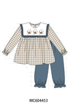 Teal cotton embroidery gingham ruffle pants set Aaria Tees