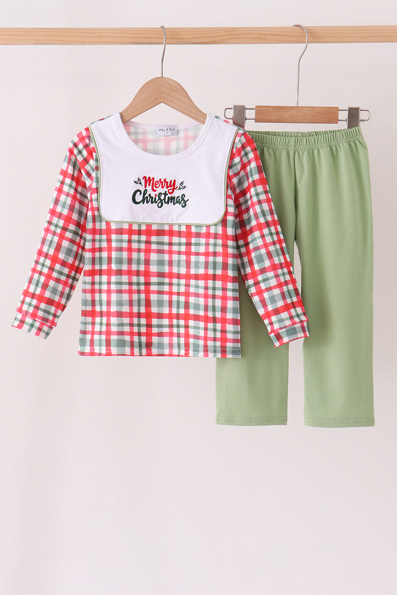 Green merry christmas embroidery plaid pants set - Aaria Tees