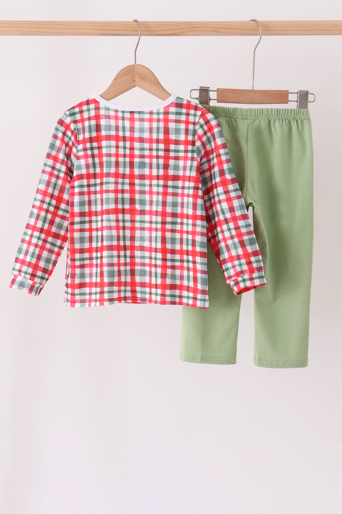 Green merry christmas embroidery plaid pants set - Aaria Tees Aaria Tees