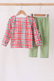 Green merry christmas embroidery plaid pants set - Aaria Tees Aaria Tees