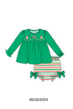Green christmas tree bow applique stripe bloomer set Aaria Tees