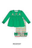 Green christmas tree applique stripe ruffle pants set Aaria Tees