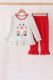 Red gingerbread house applique stripe ruffle pants set Aaria Tees