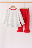 Red gingerbread house applique stripe ruffle pants set Aaria Tees