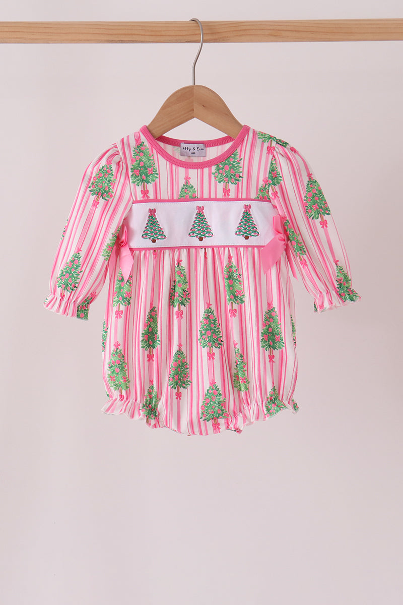 Pink christmas tree embroidery stripe bow bubble - Aaria Tees