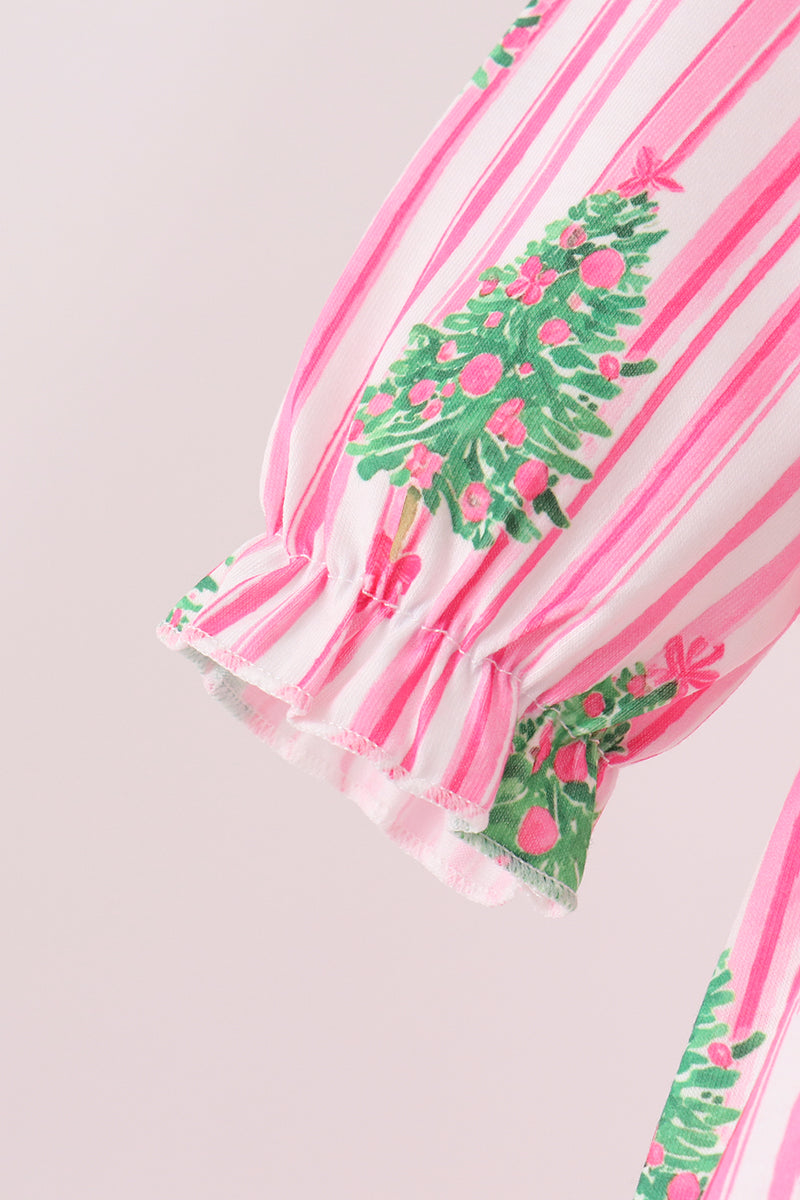 Pink christmas tree embroidery stripe bow bubble - Aaria Tees Aaria Tees