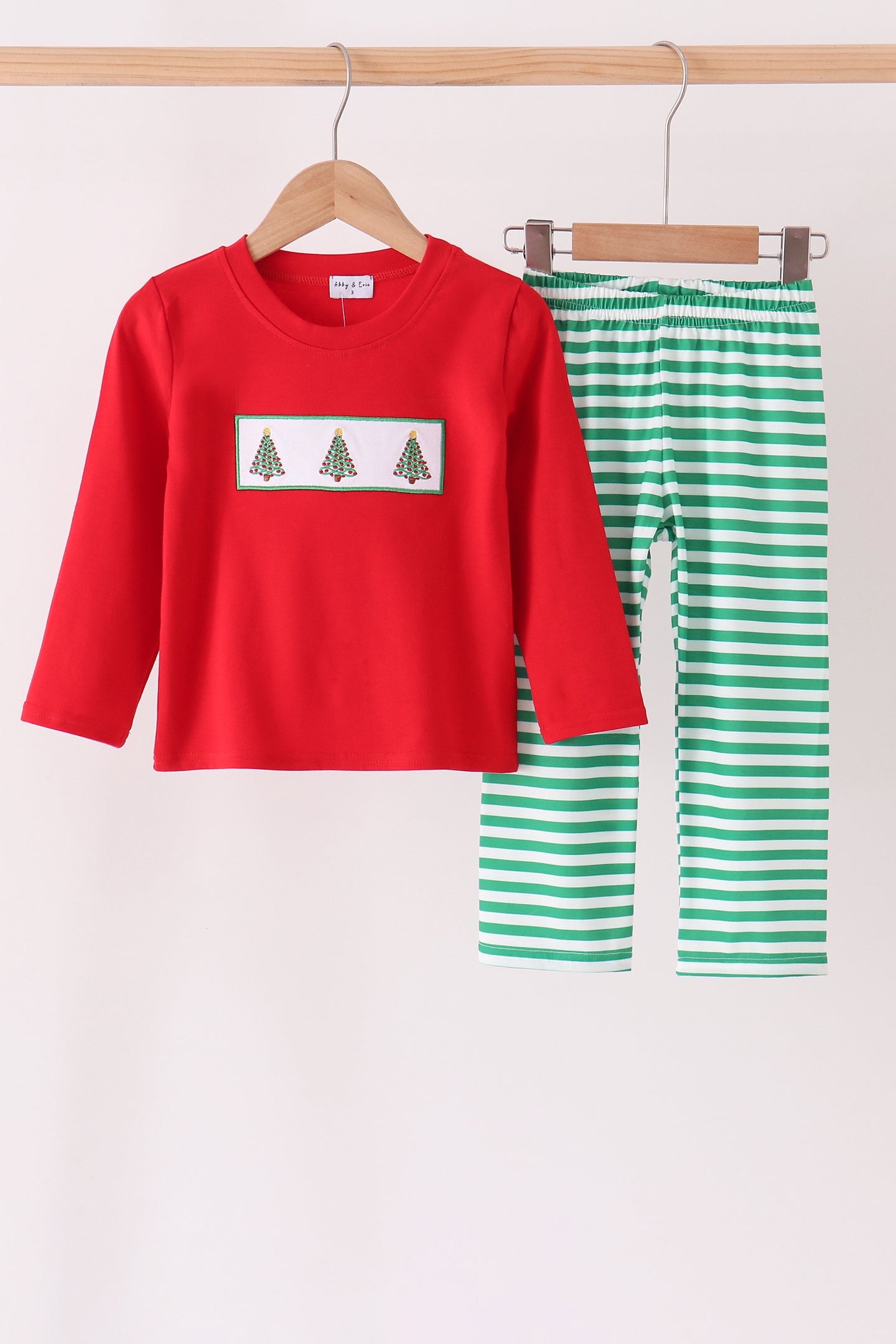 Red Christmas Tree Embroidery Stripe Pants Set - Aaria Tees Aaria Tees