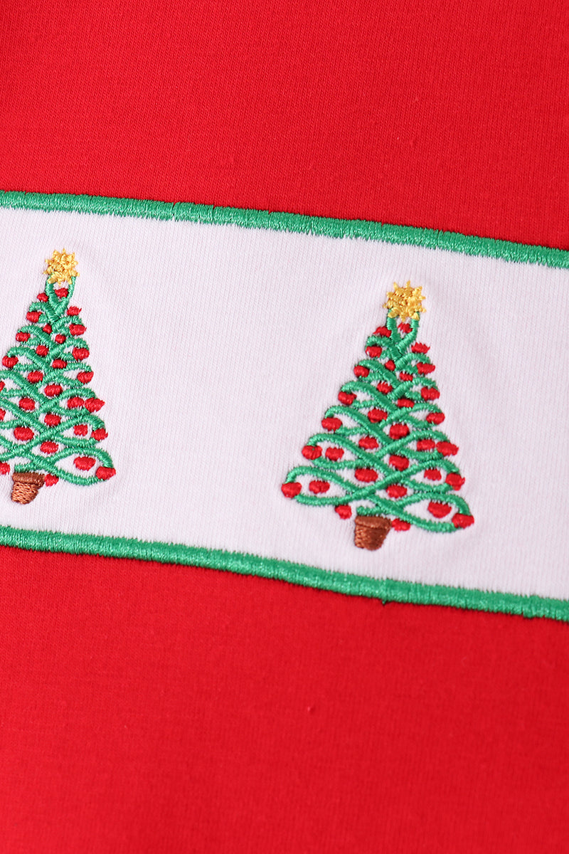 Red Christmas Tree Embroidery Stripe Pants Set - Aaria Tees Aaria Tees